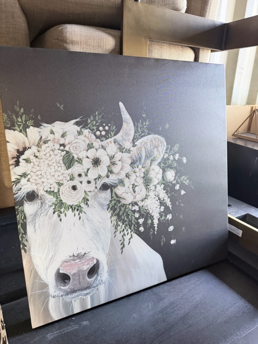 White Cow Floral Canvas Wall Art - Neutral Farmhouse Decor 24” x 24”